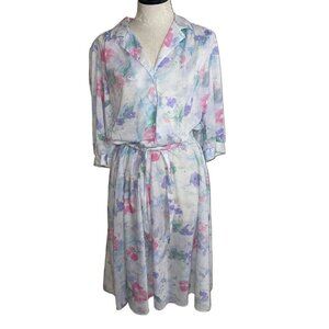 California Looks Vintage Womens Dress Size XL White Floral Belted Midi New